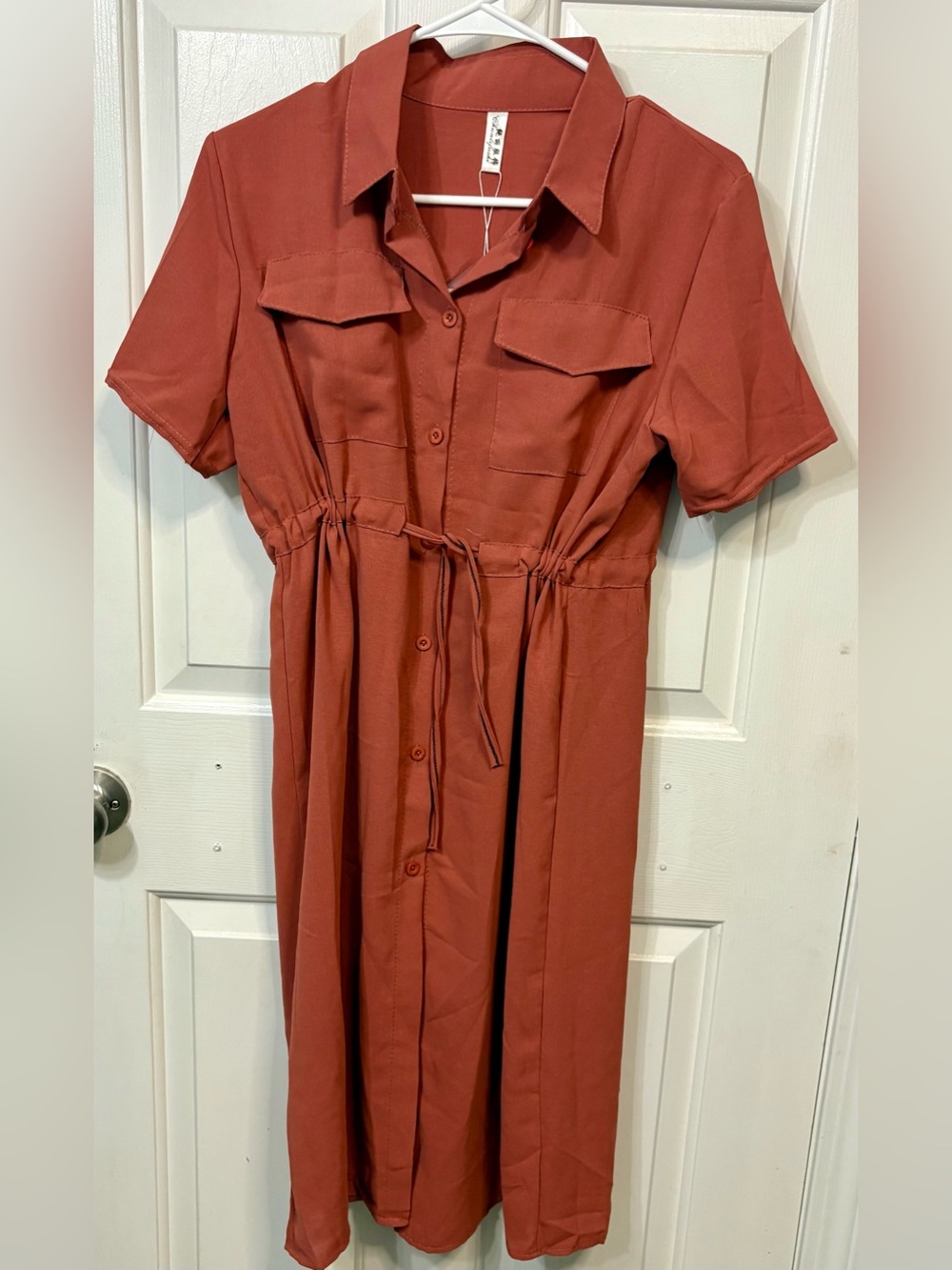 Rust Shirt Midi Dress with Drawstring Waist